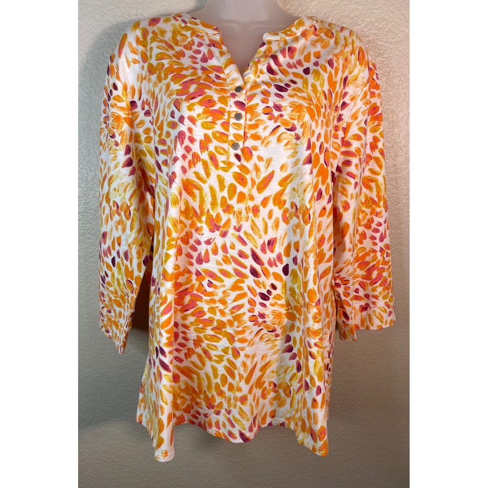 Denim & Co Womens XL Tunic Top Orange Pink Abstract Leaf Henley 3/4 Sleeve Chic